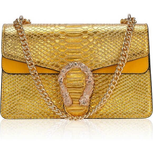 ⚡ Women's Yellow Snake Vegan Leather Print Casual Satchel Crossbody Handbag - Picture 4 of 7
